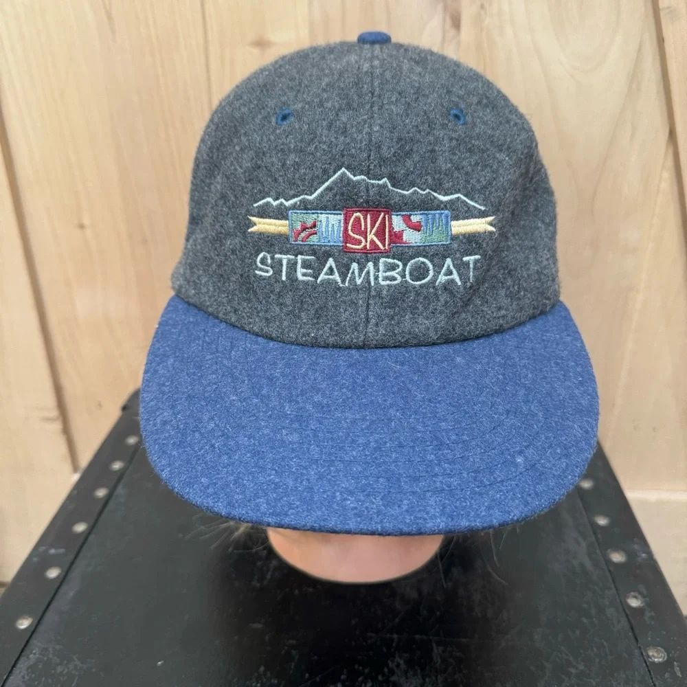 Vintage 80s Steamboat Ski Resort Wool Hat Trucker Adjustable Cap Gray Blue